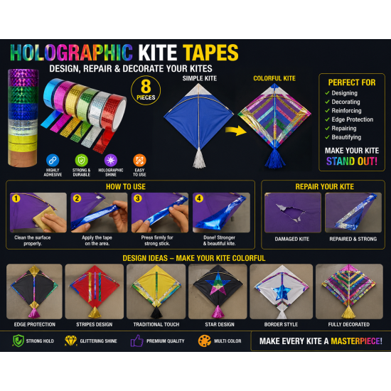 8 pieces holographic glittering Kite Tapes